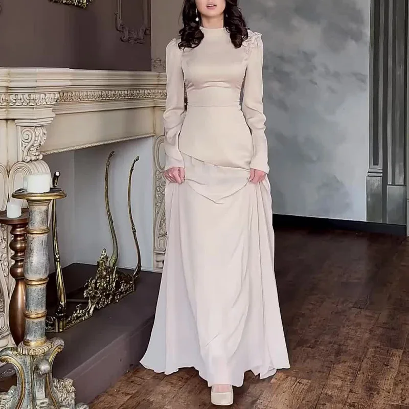

Элегантное женское вечернее платье с высокой талией, Vestidos, бархатное женское платье с длинными рукавами, украшенное цветами, роскошные платья макси трапециевидной формы