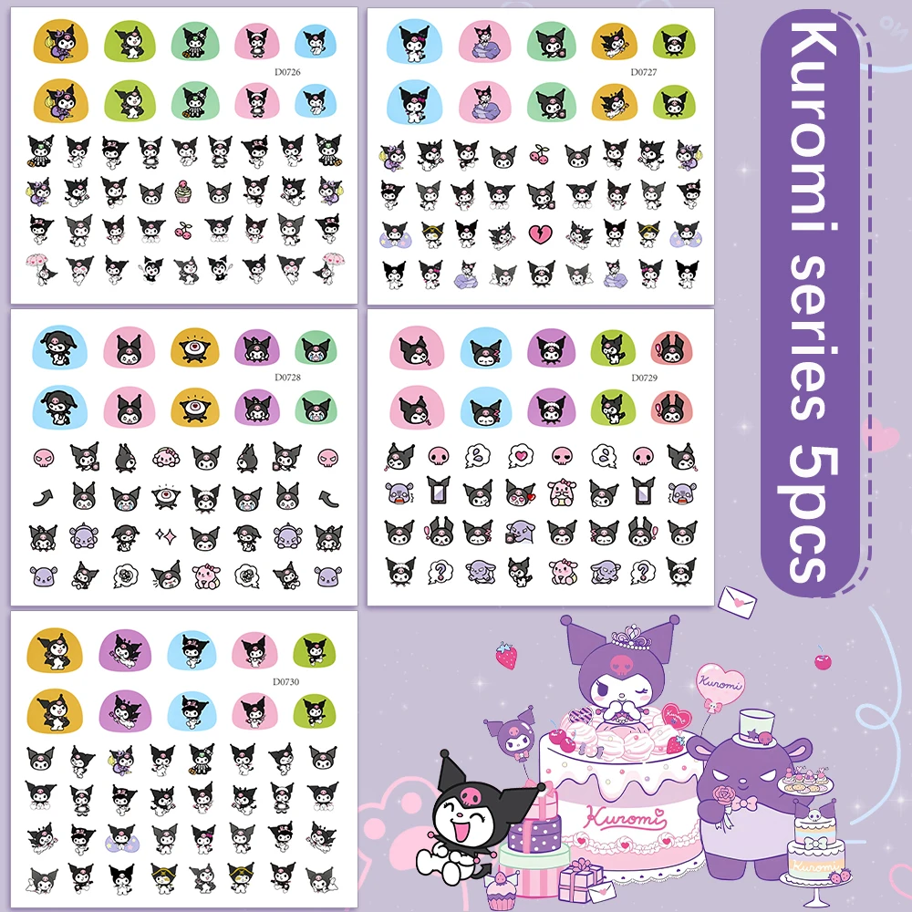 5PCS Set Kawaii Sanrio Series Nail Sticker Hello Kitty Kuromi Melody Cartoon Nail Decals Decoration Press on Nails for Girls