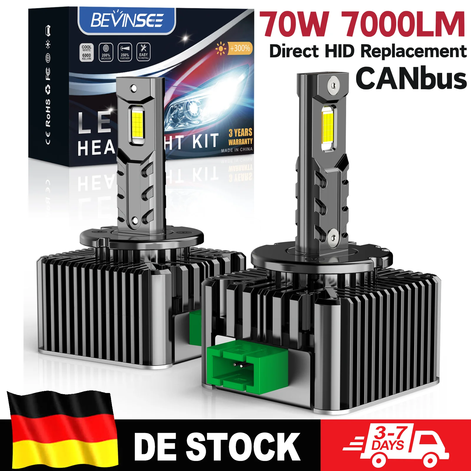 BEVINSEE D3S D3R LED CANbus Faro D1S D1R D2S D2R Lampadina LED HID Kit di sostituzione allo xeno 70W 7000LM Lampada super luminosa 6000K 12V