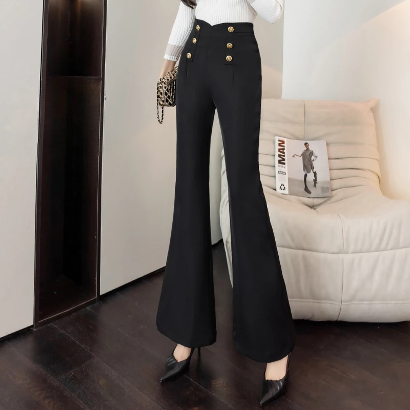 Black Double Breasted High Waist Flare Pants Women\'s Korean Fashion Trousers Casual Loose Office Lady Woman Pants Baggy Clothing