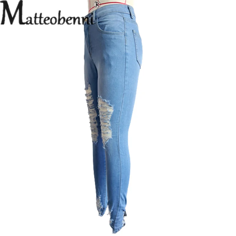 Sexy scava fuori fori rotti Jeans attillati a matita donna vita alta Slim Fit Denim pantaloni moda femminile Street Casual blu pantaloni