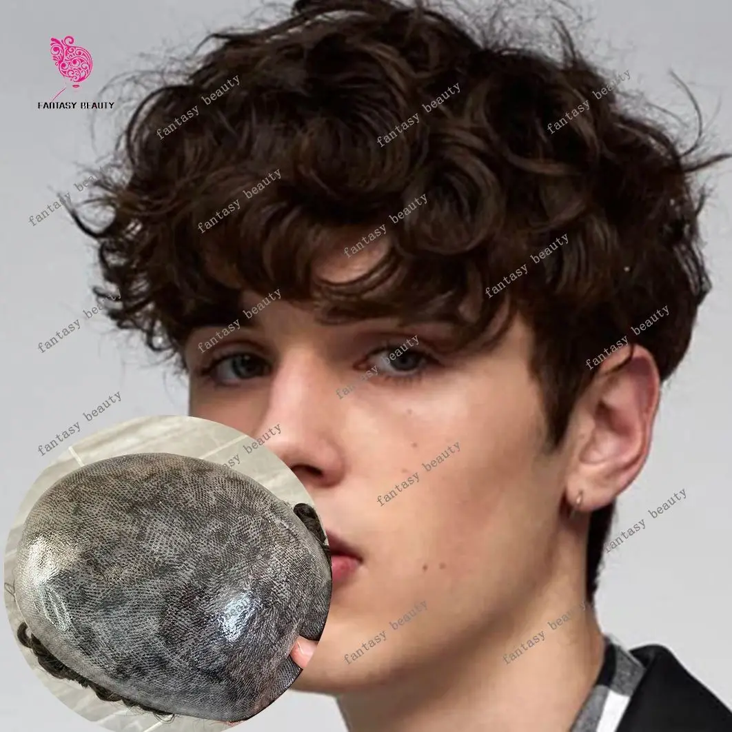 

Прочный полиэтиленовый полный микрокожаный парик из искусственной кожи 28 мм, вьющиеся натуральные волосы, темно-коричневые человеческие волосы, мужская система парика, протез, капиллярный