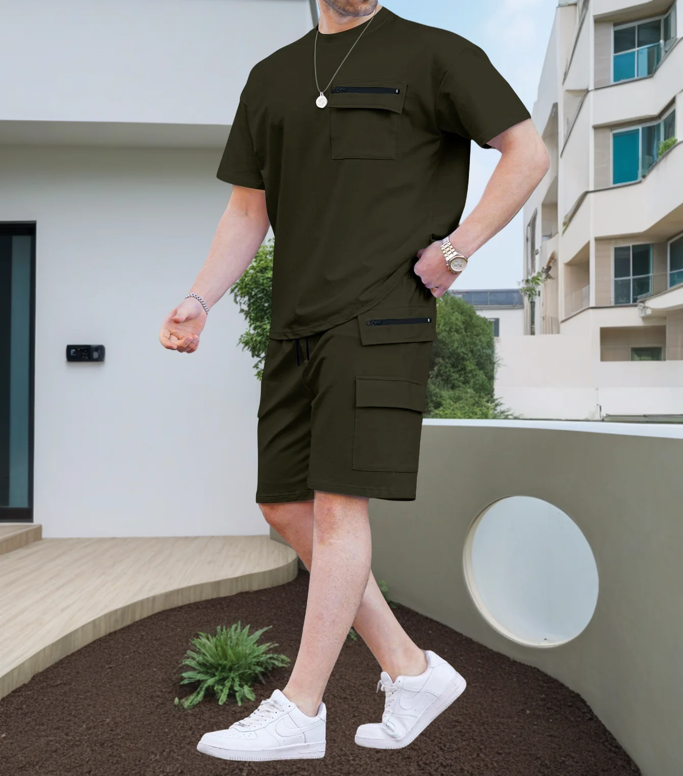 Men's T-shirt, Short-Sleeved, Summer Men's Two-Piece set, Pocket Accessories, Summer Fashionable High Street Polo Suit