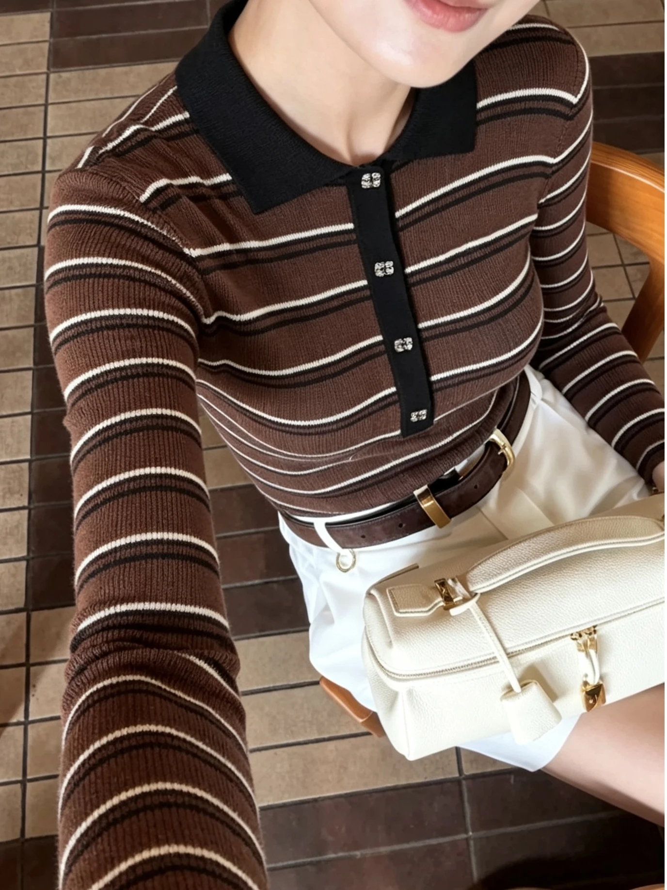 HEIDD Slim Fit Long Sleeve Knitwear Brown Striped Collared Early Autumn Fashion Ladies Wool Blend Yarn Casual Wear