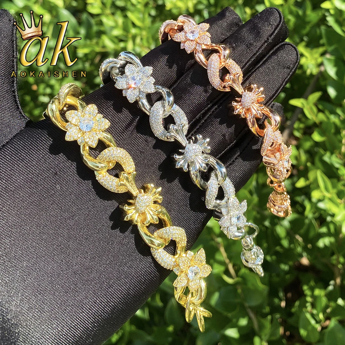 

Aokaishen Iced Out браслет с крестом и цветком для мужчин, настоящая медь, позолоченные ювелирные изделия в стиле хип-хоп