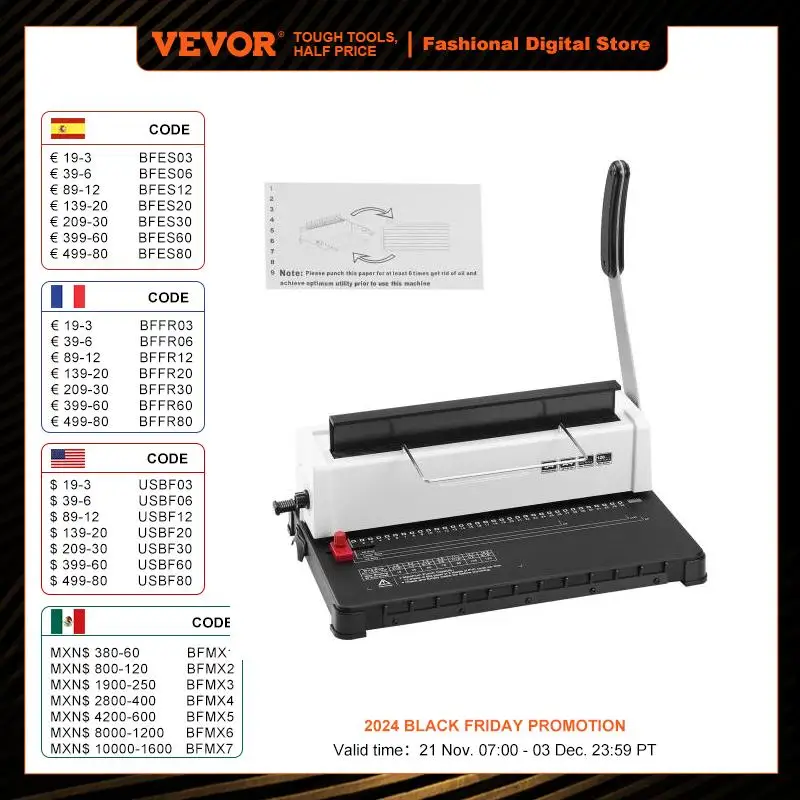 

VEVOR Coil Spiral Binding Machine Manual Book Maker 34-Holes Binding 120 Sheets Punch Binder Adjustable Coil Binding Spines