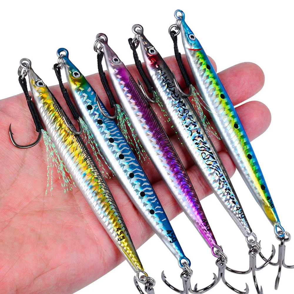 

1pcs Metal Fishing Bait 14g-45g Sinking Sea Bass Lead Jig Fish Lure 5 Color Artificial Lifelike Jigging Lure Bass Hook LF151