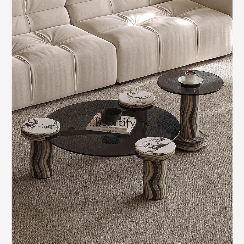 

Tempered glass round coffee table Italian minimalist living room home light luxury modern creative coffee table combination