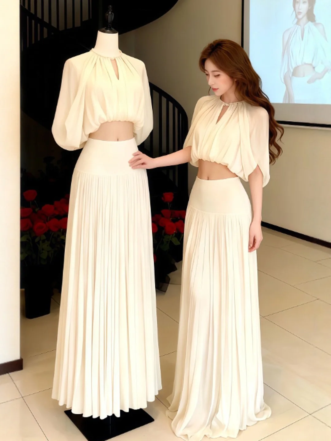 

Нежный Ветер: Уникальный и Красивый Комплект из Топа-Накидки и Юбки (Двойка) с Эффектом Омоложения, Готовый Образ (OOTD) для Весны 2026: Модный Комплект