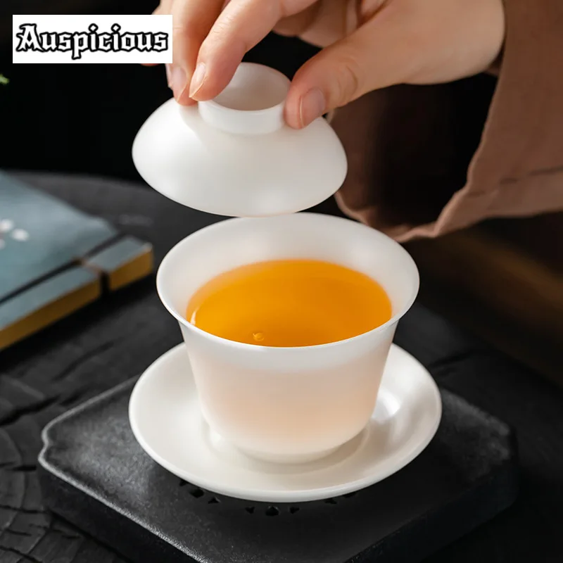 150ml High End Ice Jade White Porcelain Gaiwan Elegant Tea Lid Set Tea Tureen Household Tea Making Cover Bowl for Tea Decoration