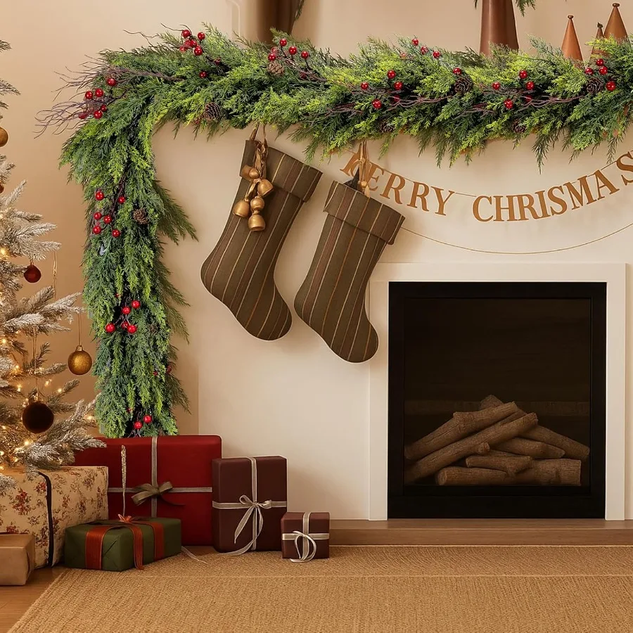 

6 футов искусственная кедровая рождественская гирлянда с красными ягодами, сосновые шишки, полностью искусственная зимняя зелень для праздничной каминной лестницы Doorw