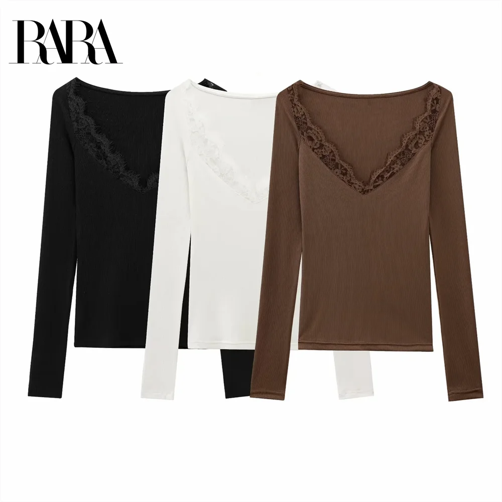 

2025 RARA Women's Long - sleeved Base Layers with Lace - trimmed V - neck in Black White and Brown for a Delicate Look