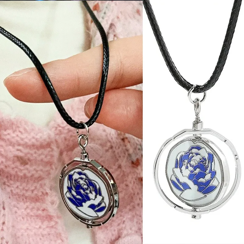 Rotating Anime Powder Blue Rose Pendant  Necklaces Jinx Cosplay Gift Keyings Piltover Themed Fans Gifts Jewelry for Women Choker