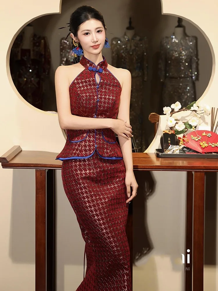 

Элегантное красное свадебное платье в китайском стиле без рукавов с высоким вырезом, высококачественное вечернее платье для невест, винтажное платье для утренней фотосессии