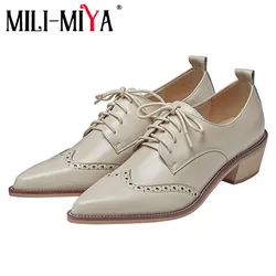 MILI-MIYA Fashion Splicing stile retrò donna décolleté a punta in pelle di mucca tinta unita con lacci tacchi spessi scarpe da strada Casual