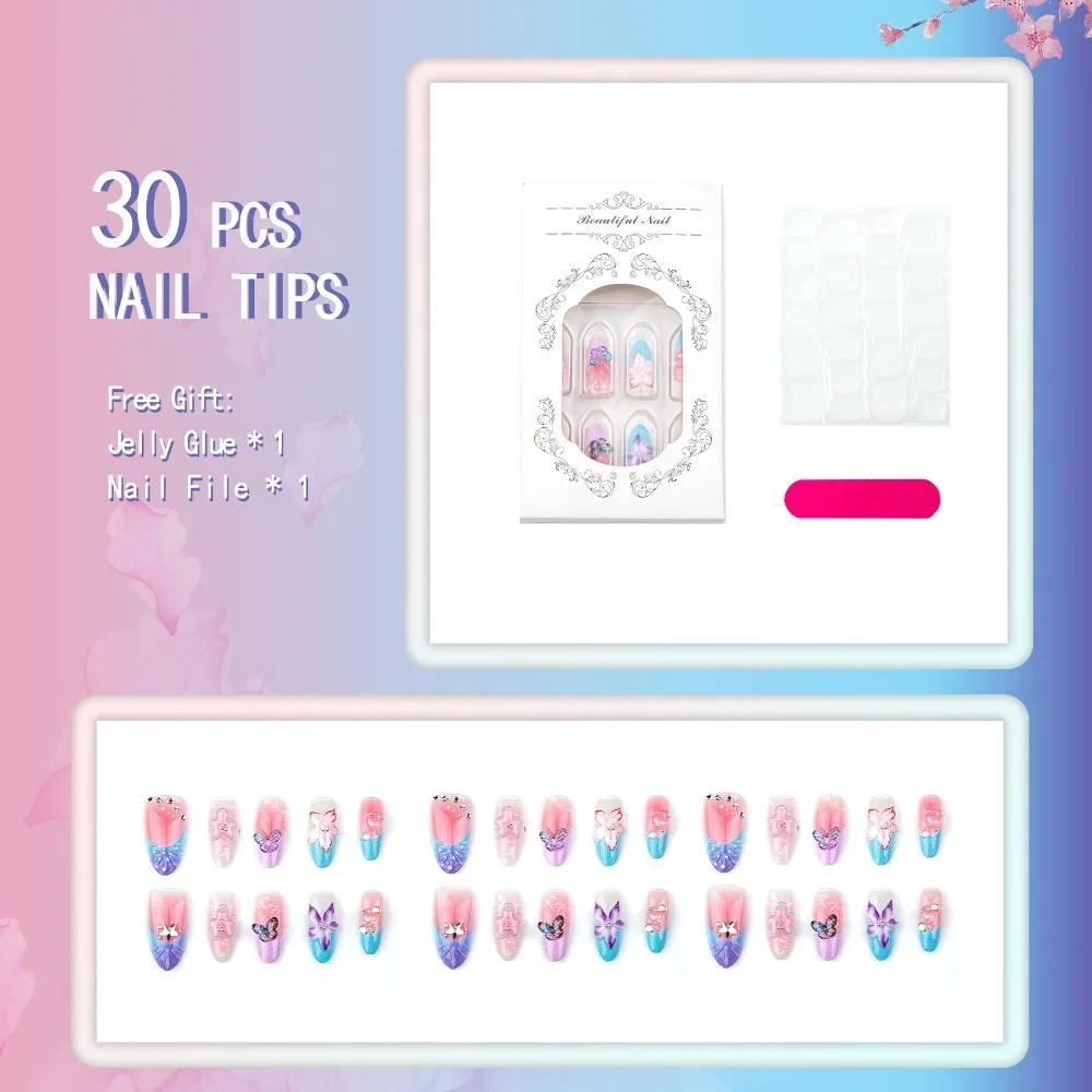 30-piece Set 3D Flower Press-on Nails Pinkish Purple Gradient Pink Artificial Nail Tips Almond-shaped Reusable Gel Fake Nails