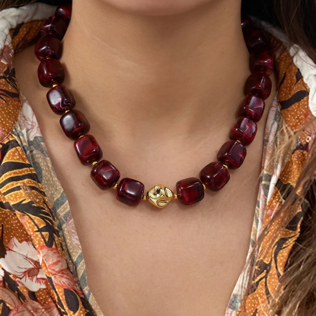 Böhmische Harz-Quadratperlen-Halsketten für Damen und Herren, Vintage Glatte Unregelmäßige Geometrie-Choker, Party-Schmuck-Geschenk – Detail 3