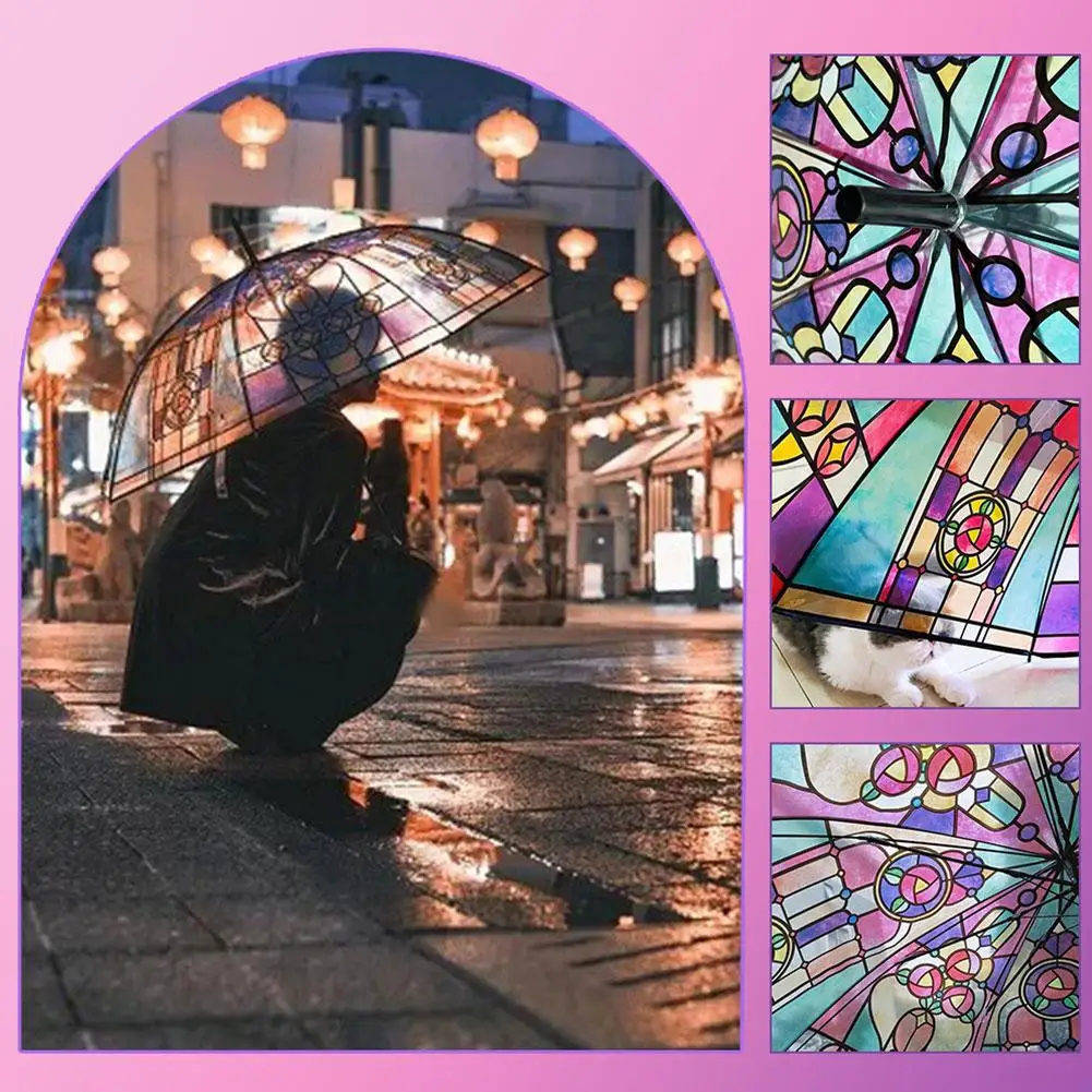 Retro หน้าต่างดอกไม้รูปแบบร่มโปร่งใสร่มแบบพกพาปิดอัตโนมัติกลางแจ้งเปิดเดินทางและ C0F5