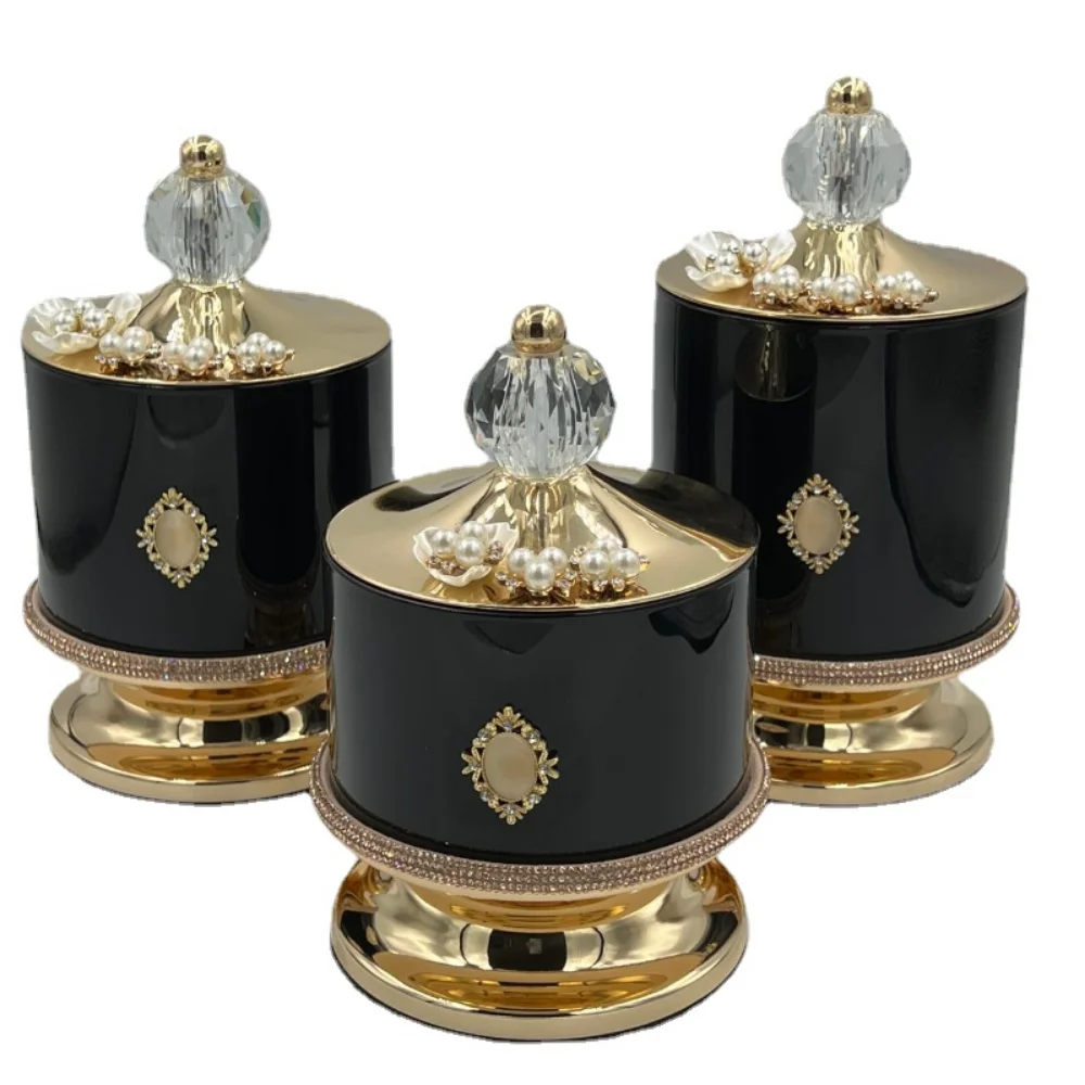 

Embossed Floral Crystal Metal Storage Jar Cotton Swab Box Candle Bottle Handicraft Decoration Luxury Gold Nut Candy