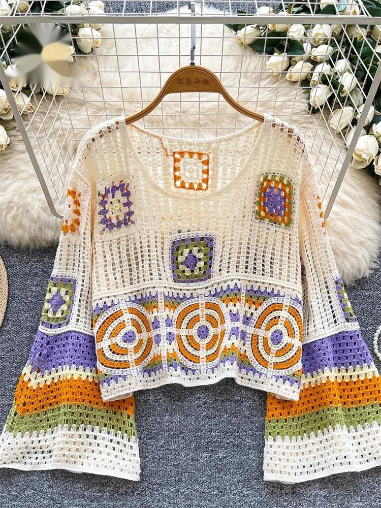 

Colorful Crochet Bohemian Tops Ladies Flared Sleeves Geometric Pattern Blouse Summer Loose Lazy Vacation Casual Shirts