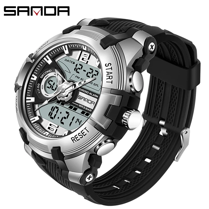 Sanda 6015 Fashion Alarm Mode Sports Hand Clock For Teenagers Multiple Functions Waterproof Luminous Analog Digital Wrist Watch