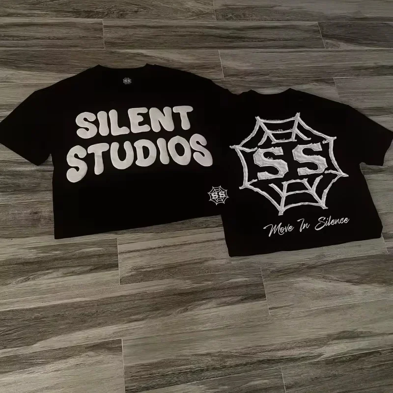 2026Men Spider Web Letter Graphic T Shirt Front Back Print Streetwear Oversized Crewneck Tee