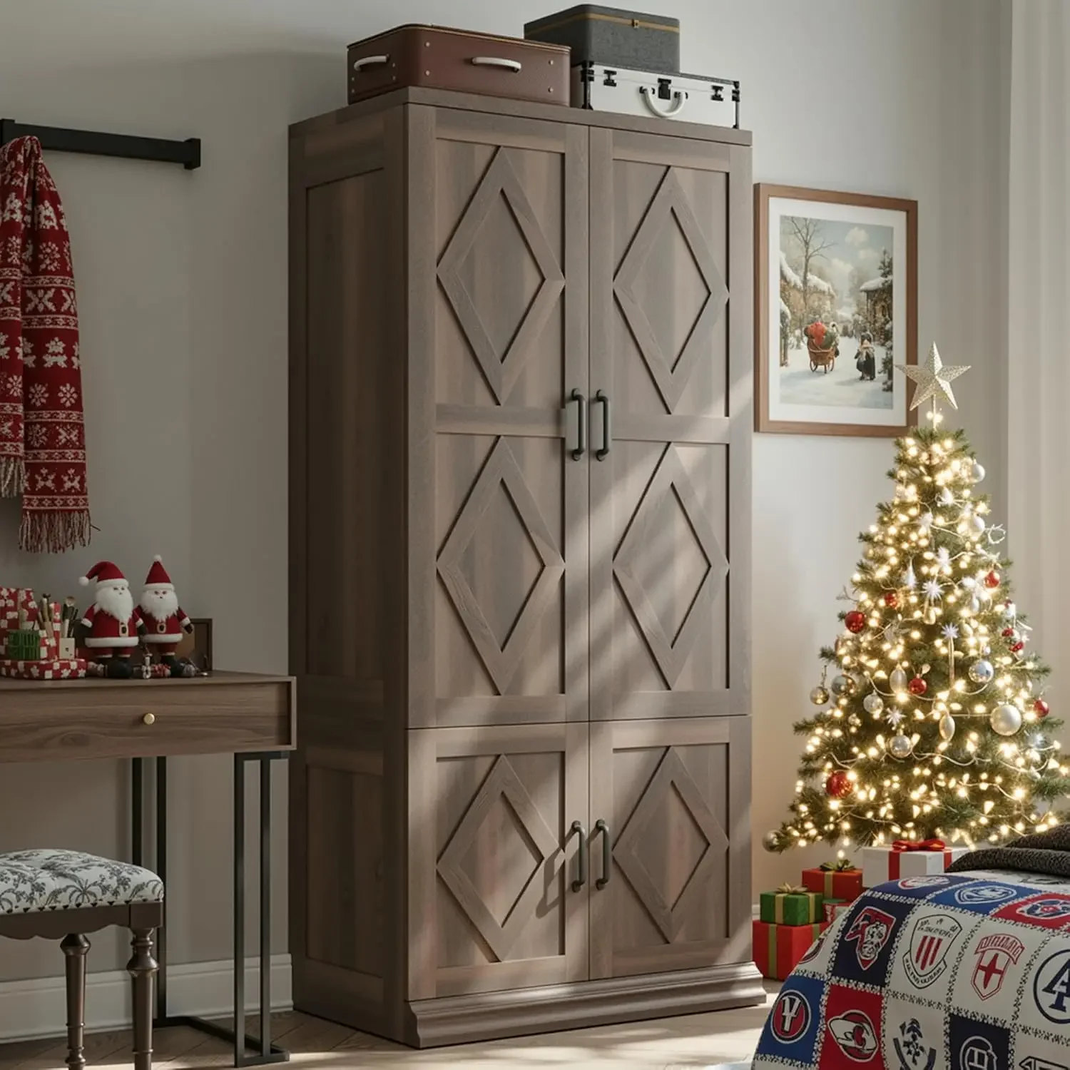 

71" H Tall Wooden Closet with 5 Clothing Shelves, 4 Doors and Hanging Rod for Hanging Clothes, Stand Alone Clothing Unit, Brown