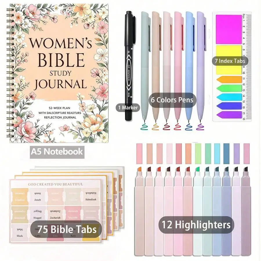 Complete Bible Study Set With Spiral Notebook, Pen & Tab System - Color-Coded Bible Verse Book, Christian Journaling Gift Suitable For Women, Church Group Bible Study Supplies, Scripture Study, Thanksgiving & Christmas Gifts