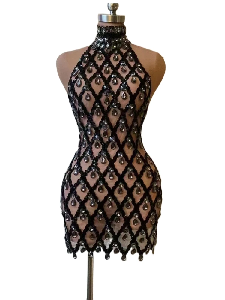 New Brown Skinny Sexy Sparkly Rhinestones Shorts Evening Dress Party Birthday Bar Club Costume Stage Wear Dresses For Women