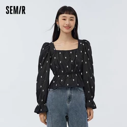 Semir Long-sleeved Shirt Women Short Square Collar Embroidered 2023 Spring New Black Elegant Shirt