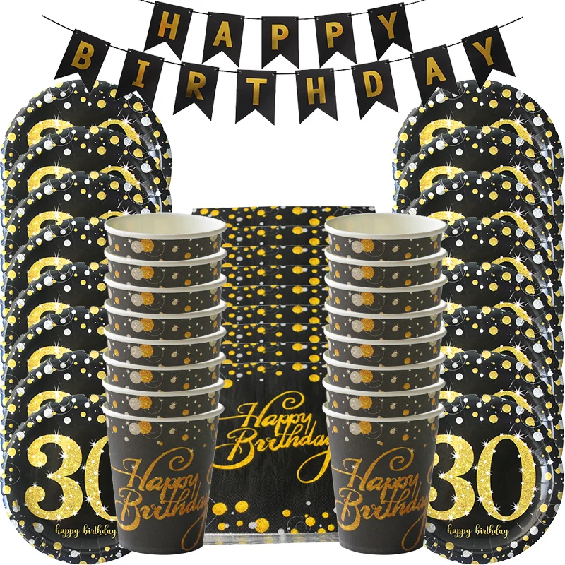 30/40/50/60 years old Happy Birthday Disposable Tableware Set Black Gold Paper Plates Cups Napkin Anniversary Decoration