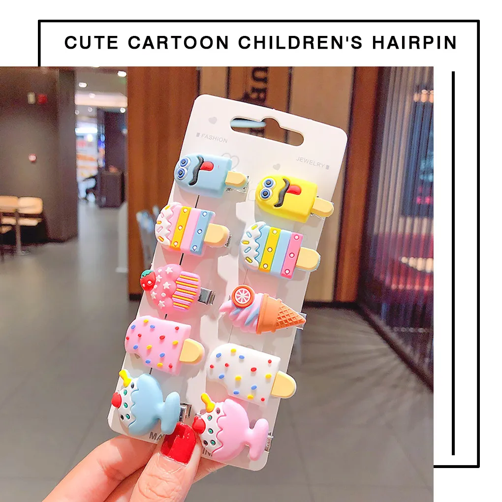 10pcs Hairpins Set Cartoon Printed Children Hair Clips Metal Hair Accessories for Kids, Transparent Candy