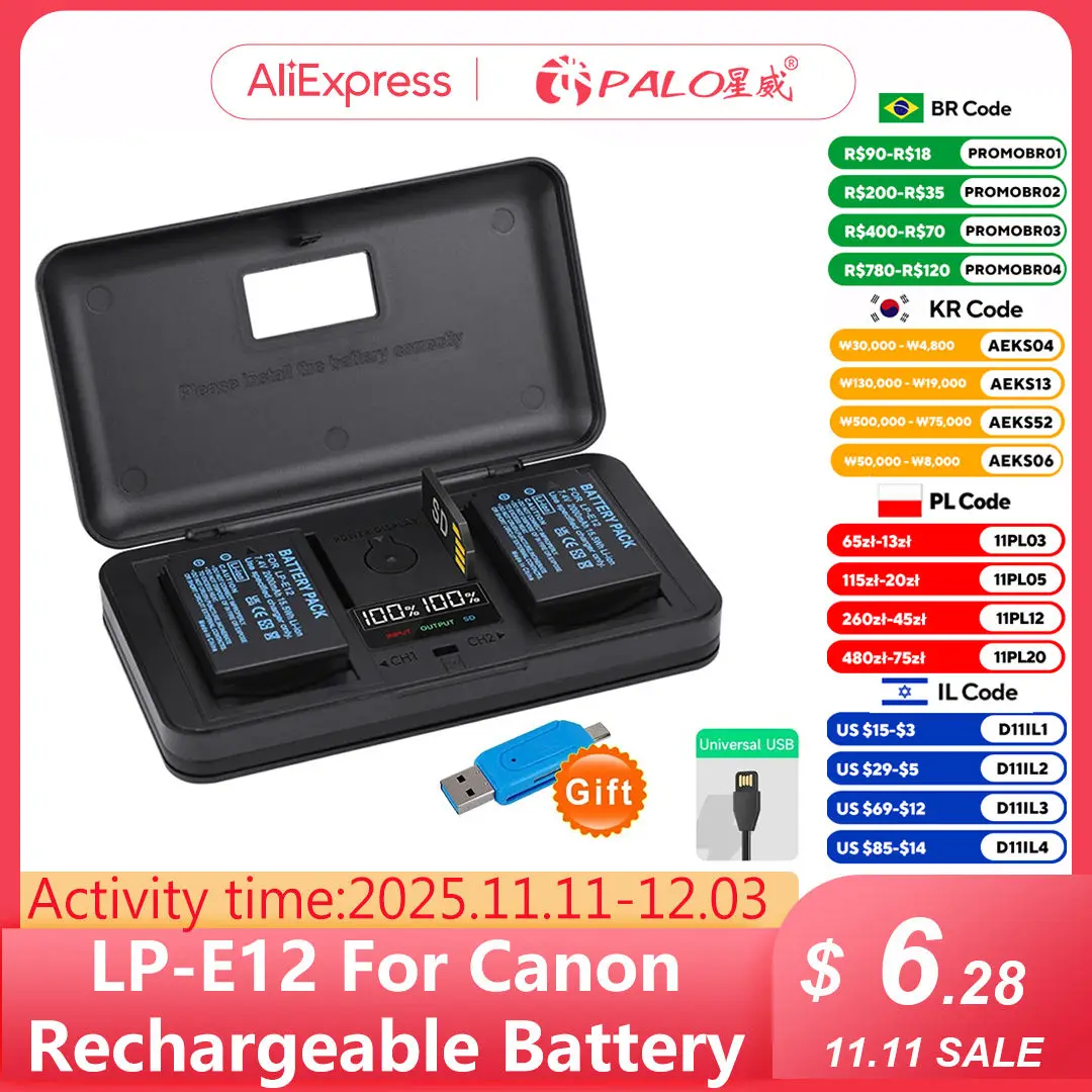 PALO LP-E12 LPE12 LP E12 Bateria 2000mAh para Canon EOS M M10 M50 M100 Rebel SL1 100D Kiss X7