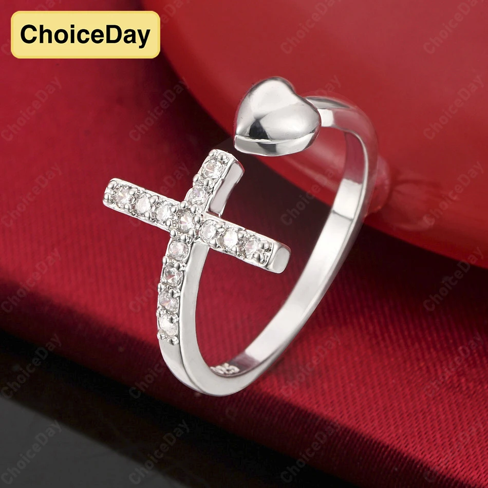 

ChoiceDay 925 Sterling Silver Adjustable Beautiful Heart Shaped Cross Ring Women's Wedding Jewelry Gift Accessories
