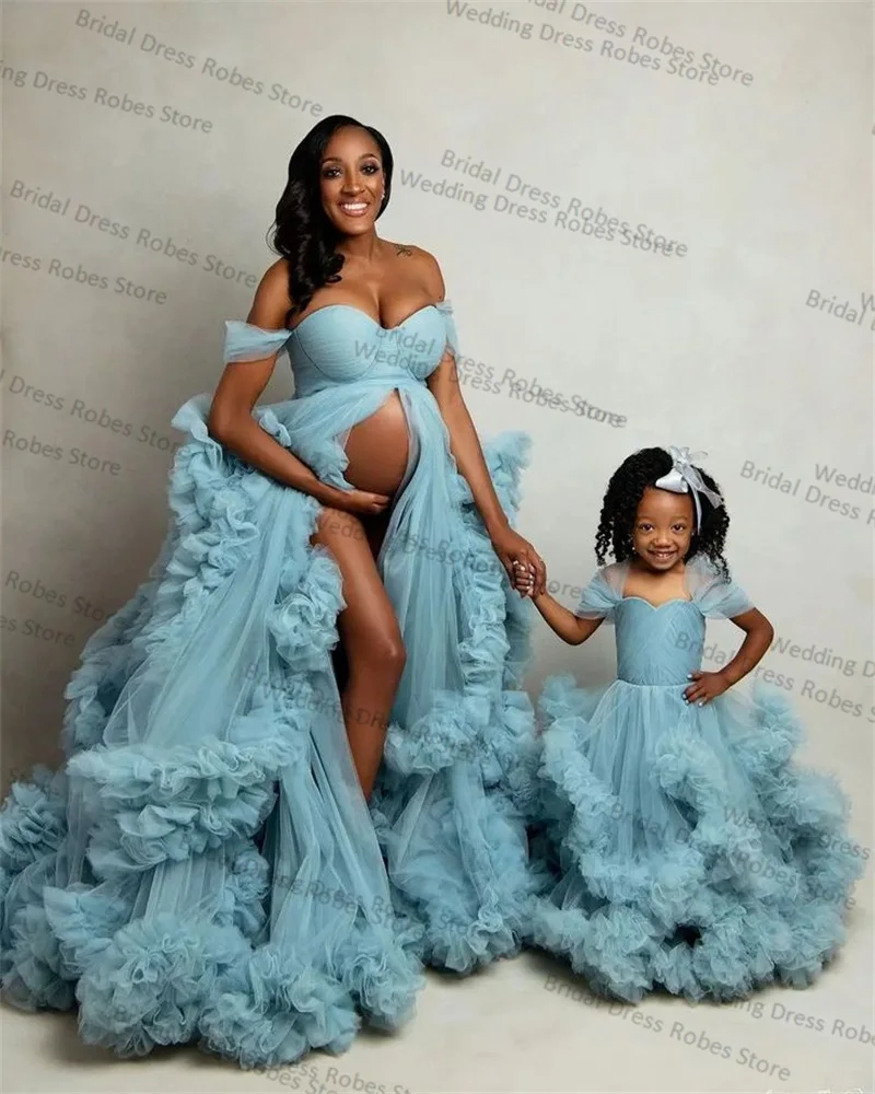 Blue Women Maternity Dress for Photo Shoot Skirt Sweetheart Bridal Robe Tiered Tulle Wedding Pregnant Prom Gown Customized