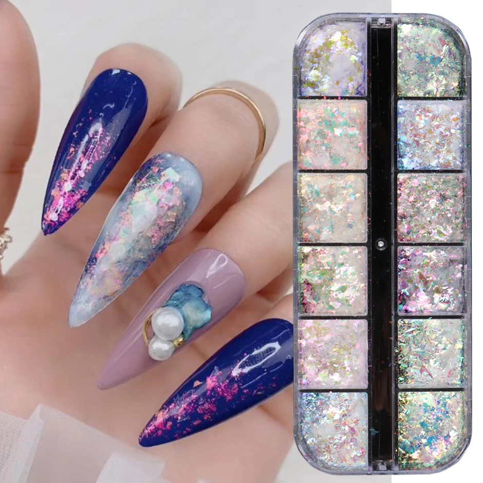 12 Gitter, schillernde Kristallnägel, Aurora-Glitzer, Feuerflocken, holografische glitzernde Pailletten, Charms, Gel-Nagellack, Maniküre, Flash-Dekor