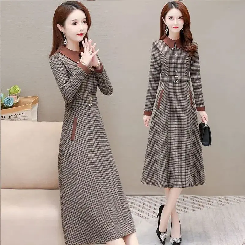 Women\'s Clothing 2023 Elegant Slim Temperament Fashion Casual Autumn Winter Thin Printing Patchwork Pocket Long Sleeve Dresses