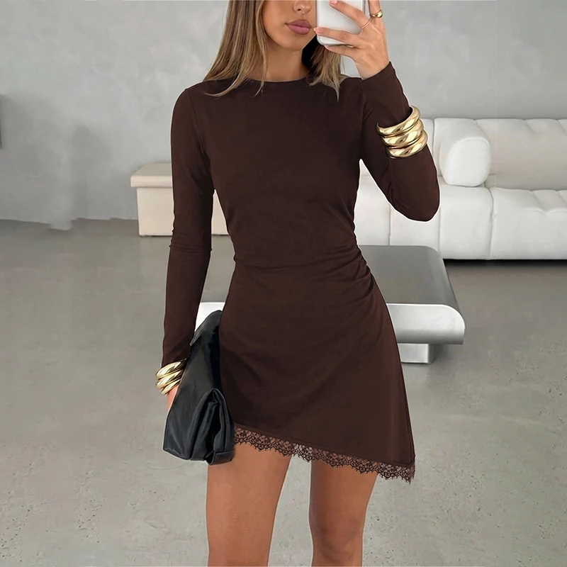 Hugcitar Damenmode Langarm Einfarbiges Patchwork-Spitzenkleid Sexy Unregelmäßiges Minikleid Herbstkleidung Streetwear Party Urlaub – Detail 14