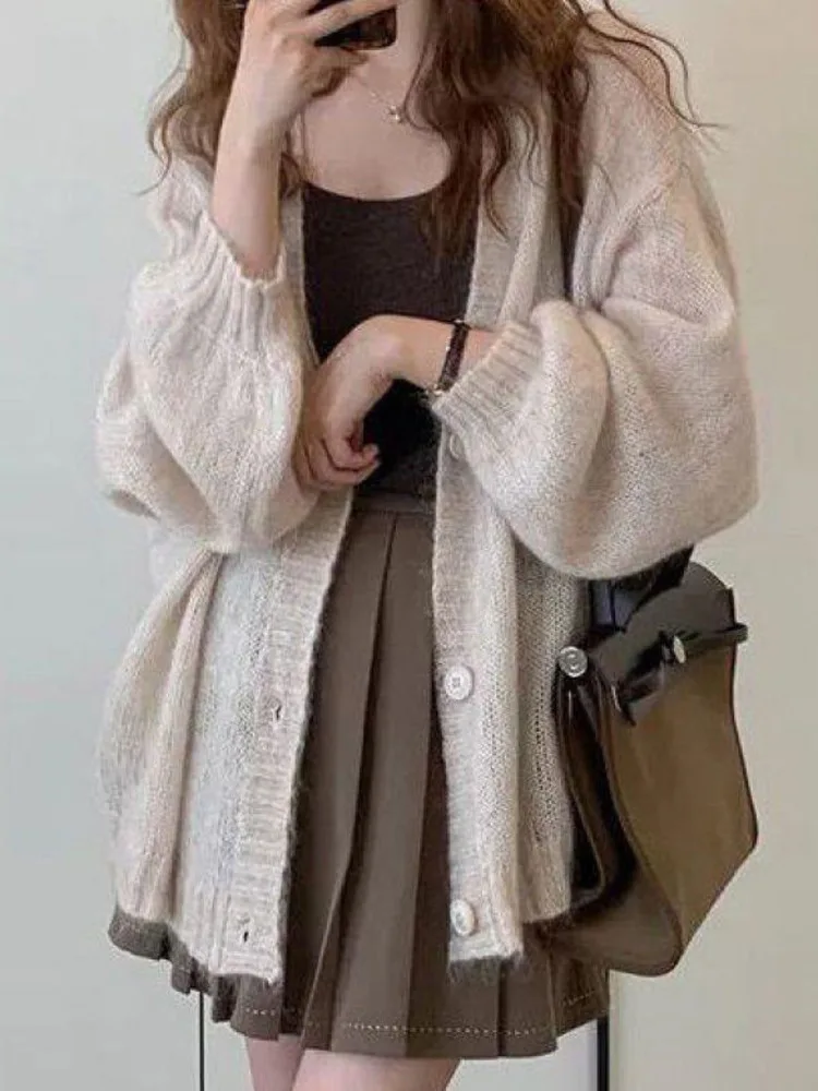 Elegant Knitted Cardigan Women Casual V-Neck Soft Long Sleeve Korean Sweet Knitted Sweater Office Lady Coat Cardigans New