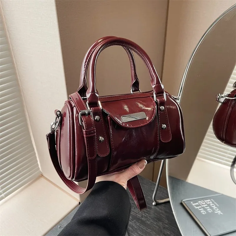 

2025 Burgundy Mini Top-Handle Bag for Women Bright PU Leather Crossbody Purse Luxury Designer Shoulder Bag Handbag
