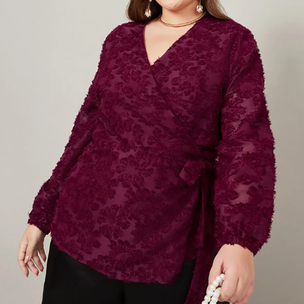 

Plus Size Floral Embroidery Women Blouse Cross-Strap V-Neck Solid Loose Long Sleeve Autumn Blouses Straight Office Ladies Shirts
