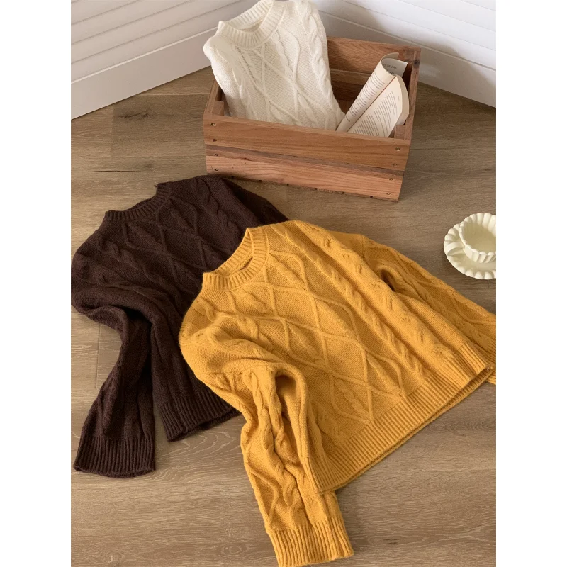 เสื้อสเวตเตอร์ถักแบบลำลอง ทรงกลม ดีไซน์เรียบง่าย ผ้าขนสัตว์หวีอย่างดี ลายคลื่นหลวมๆ สไตล์สบายๆ