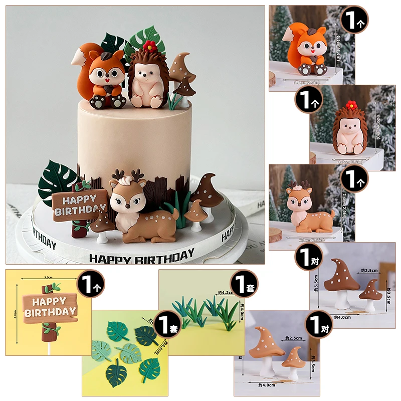Waldkuchen-Dekoration, Dschungel, Eichhörnchen, Igel, Sika-Hirsch, Pilz, Blätterstumpf für Kinder, alles Gute zum Geburtstag, Tortenaufsatz Wild One – Detail 2