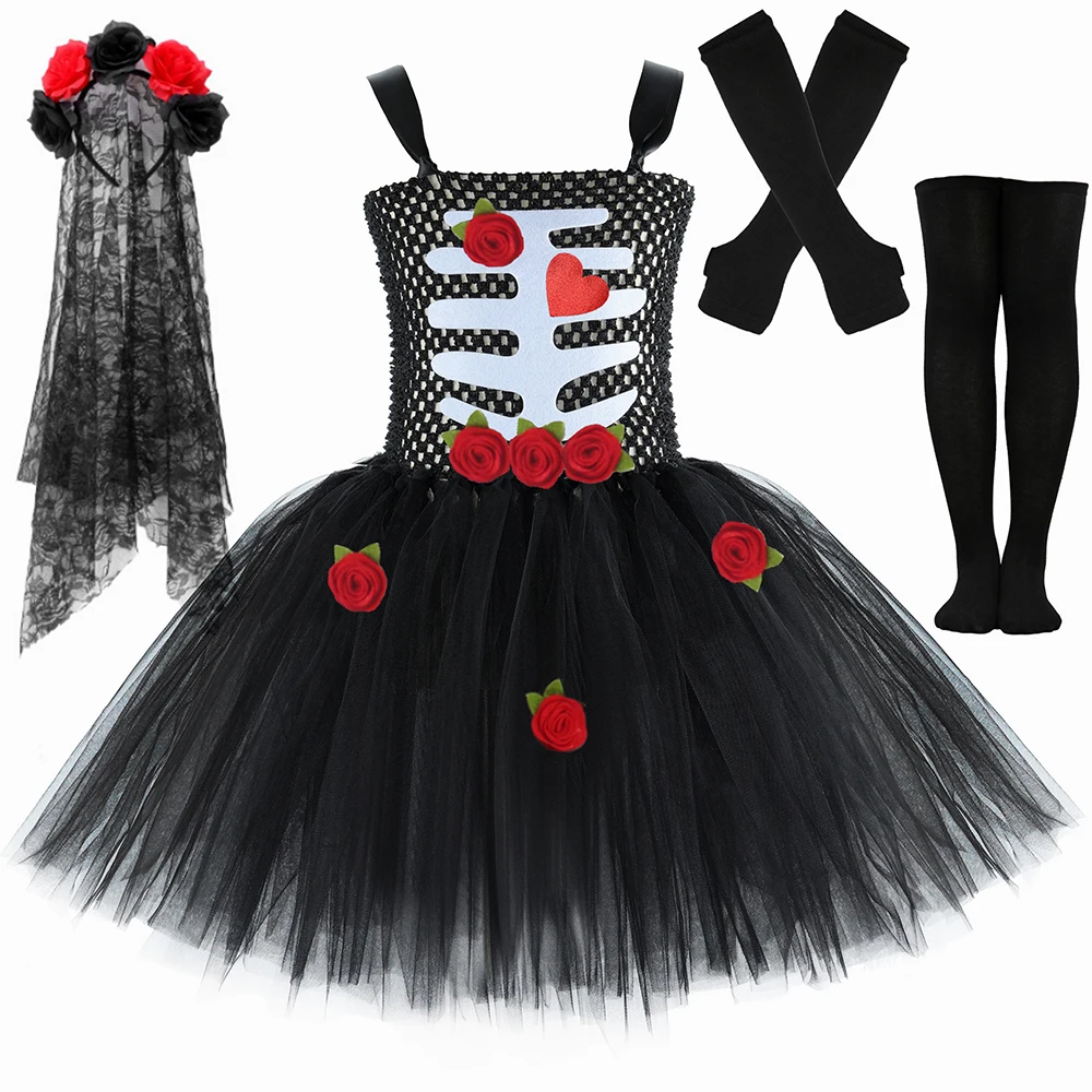 Girls Scary Skeleton Halloween Costume for Kids Zombie Corpse Bride Tutu Dress Children Day of The Dead Rose Bone Ghost Dress Up