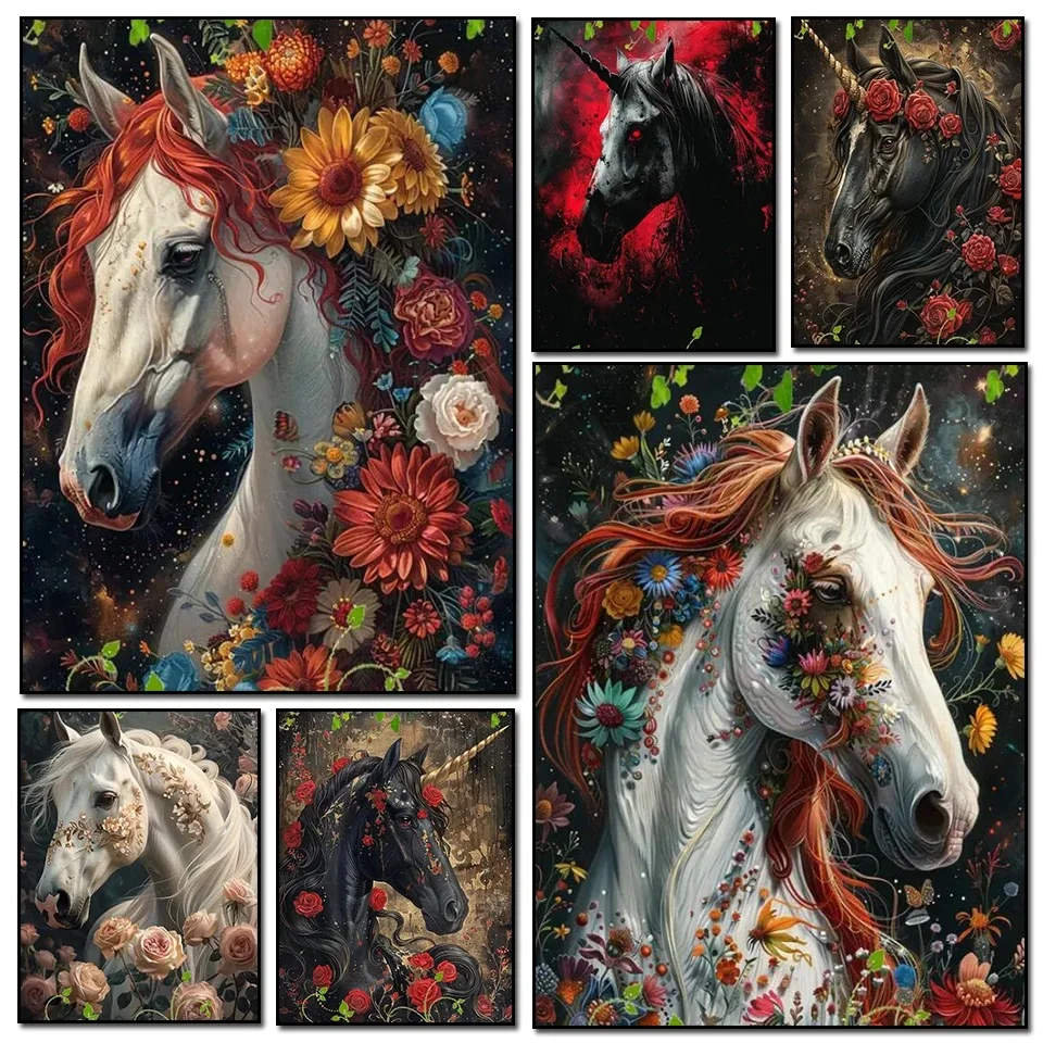 White Horse Diamond Painting New 2024 Diy Full Square Round Diamond Mosaic Embroidery Gothic Unicorn Animal Art Home Decor Gift