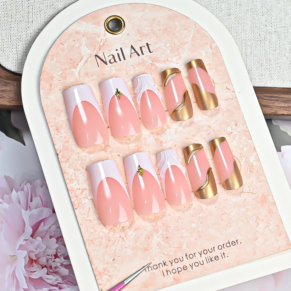 24 pezzi 3D fiori intagliati morbidi e specchio in polvere per sfregamento d'oro Unghie finte Unghie a pressione floreali francesi Unghie Flase di San Valentino *