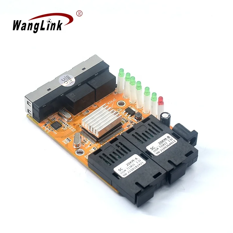 

Wanglink Reverse PoE 10/100M Fast Single Mode 2 SC Fiber 4 Lan Port Media Converter Passive POE PCB Board