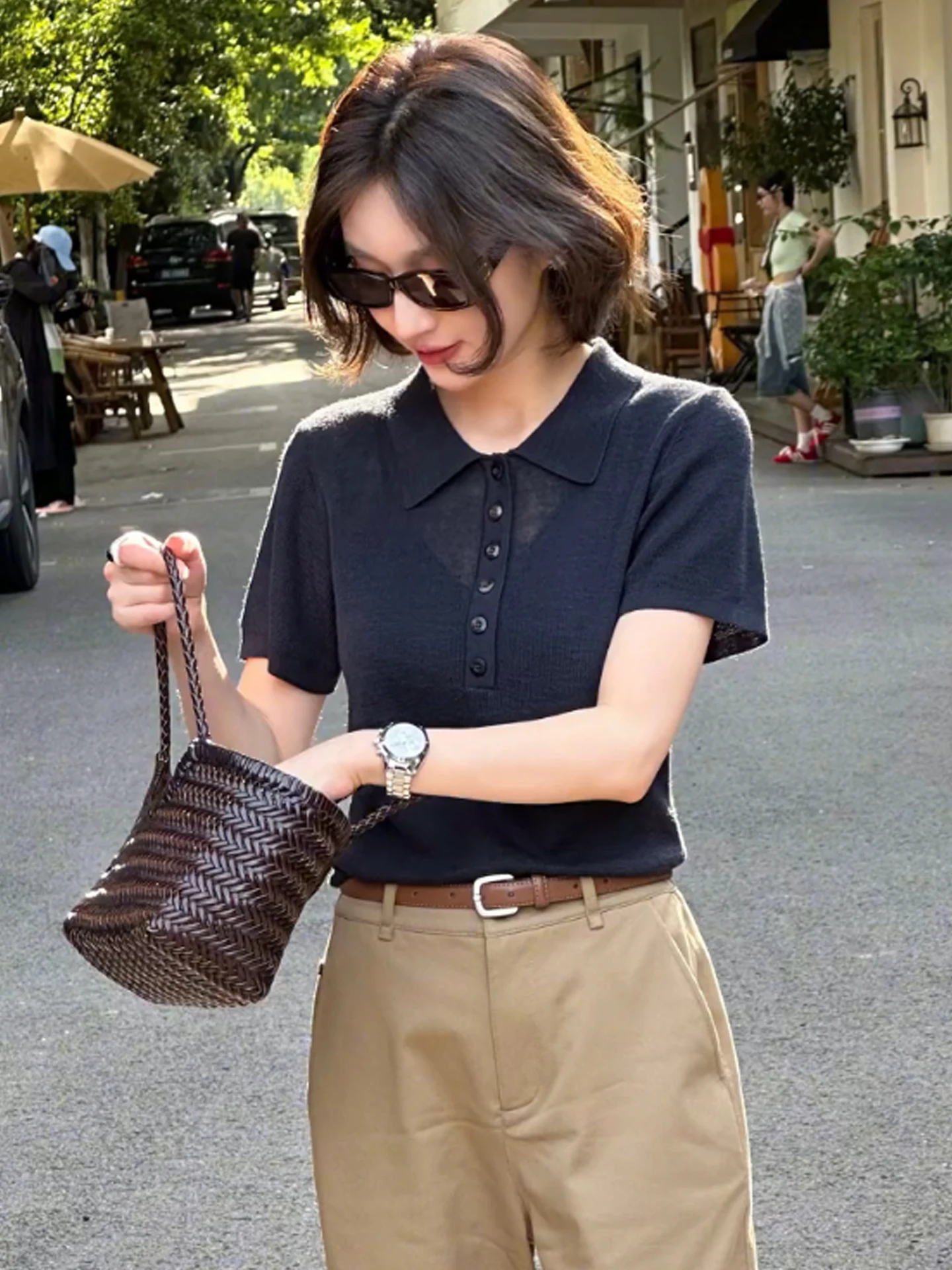 Premium Feel  Color Overhead T-Shirt Fashionable Breathable Summer Short Sleeve Knitted Ice Silk Top Commute Style view 5