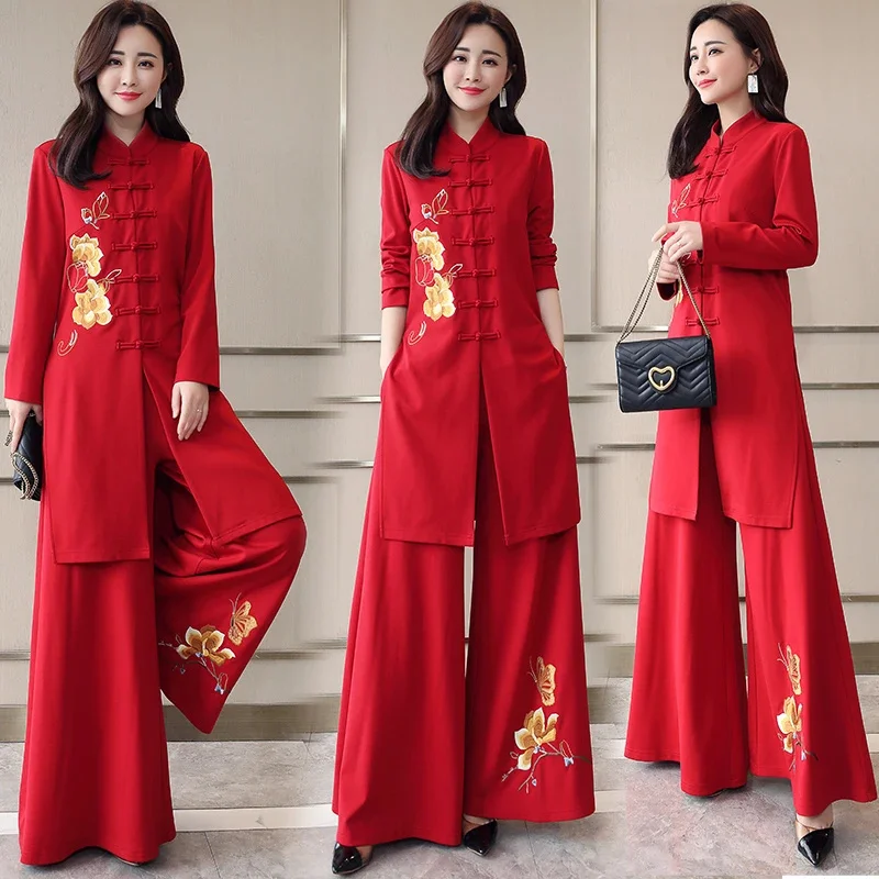 Ethnic Style Modified Cheongsam set for 2025 Spring and Autumn With a Sense of Falling Wide leg Pants Mom's Retro Two-Piece Set