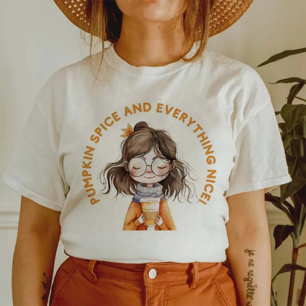 Pumpkin Spice Everything Nice Printed O-Neck White Women's T-Shirt Basic Cute Round Neck Short Sleeve Casual Basic Women's T-Shi